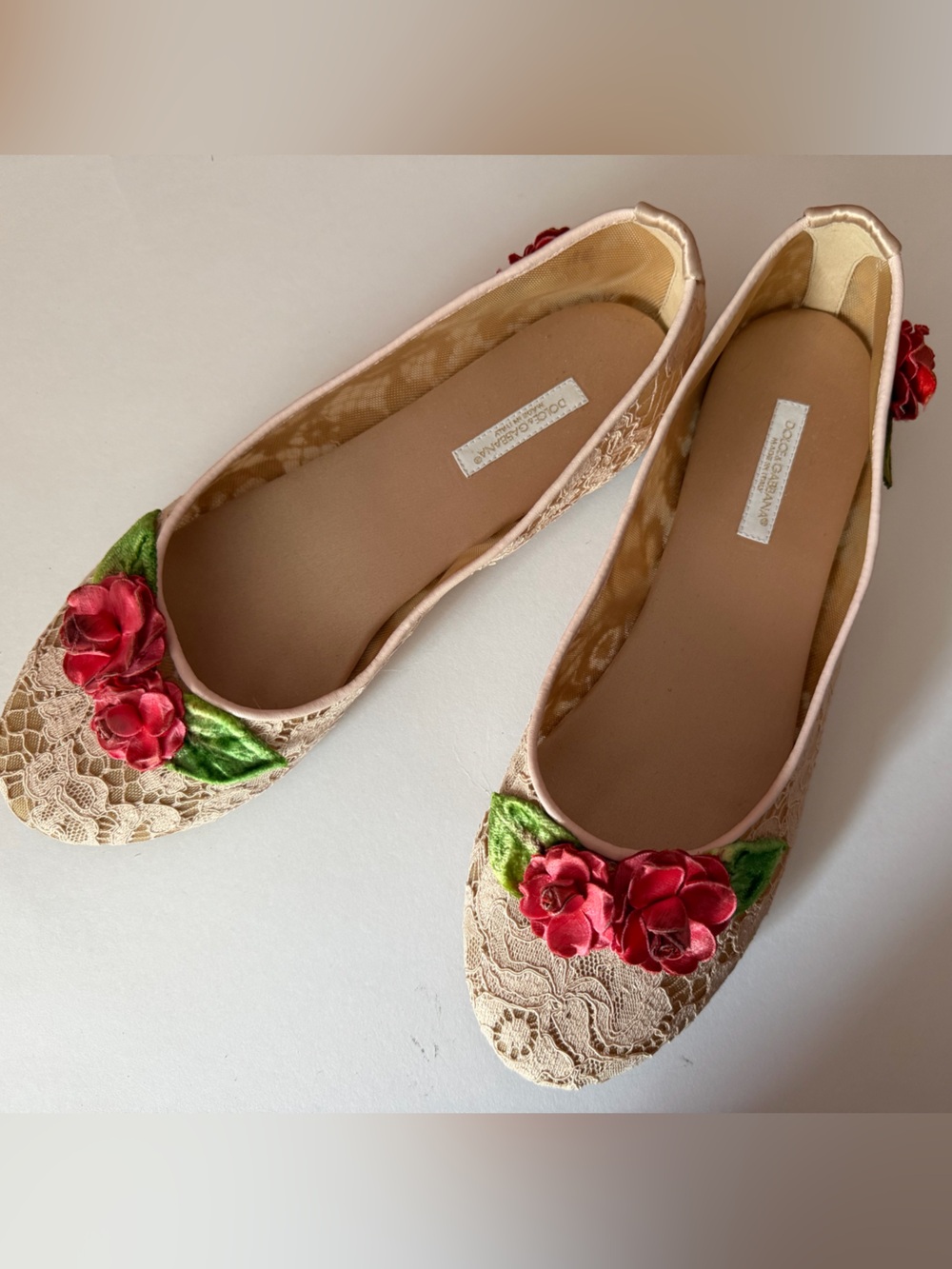 Dolce & Gabbana Beige Lace Ballet Flats with Pink Trim and Red Floral Appliqué